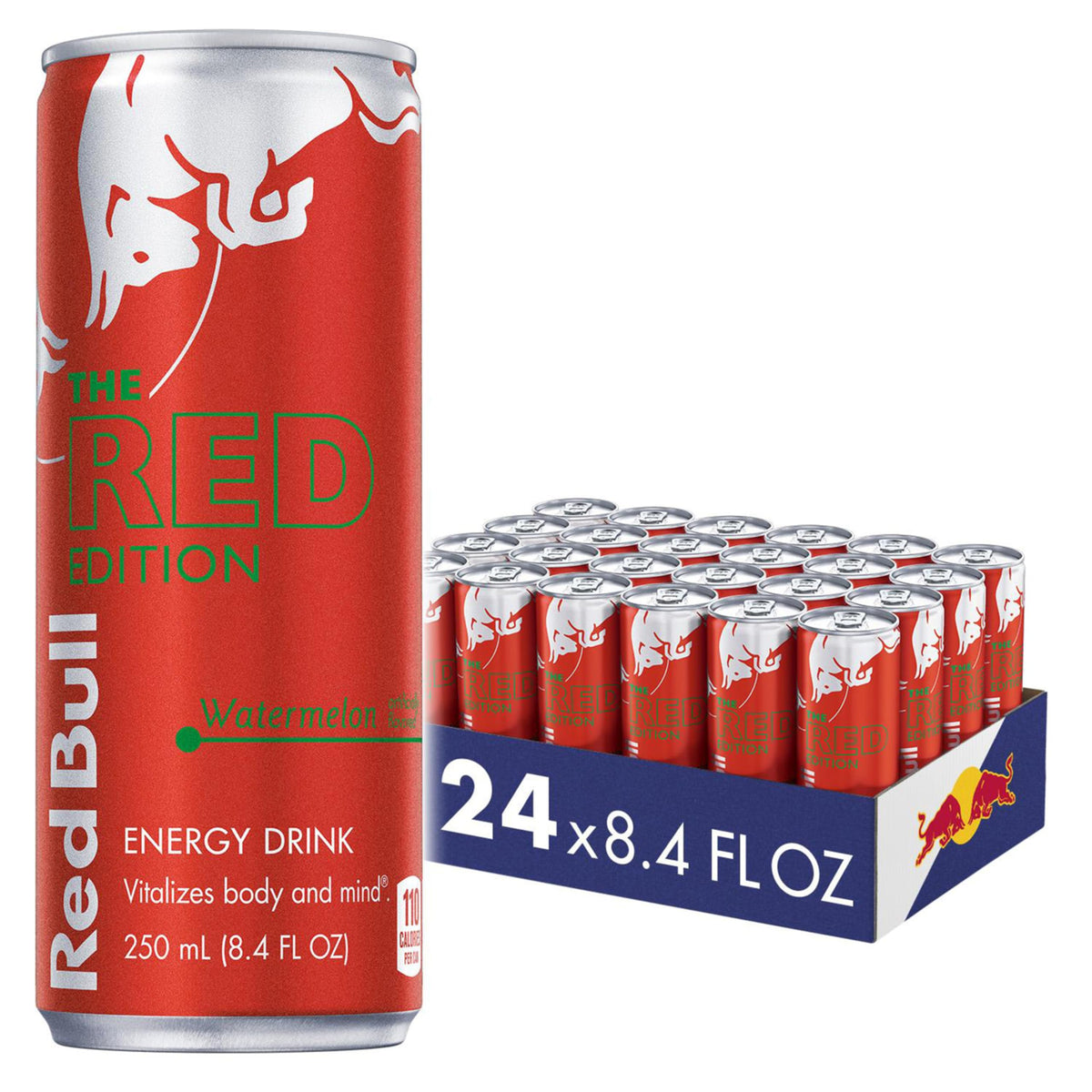 Red Bull Red Edition Watermelon energy drink can on a desk for quick focus boost.