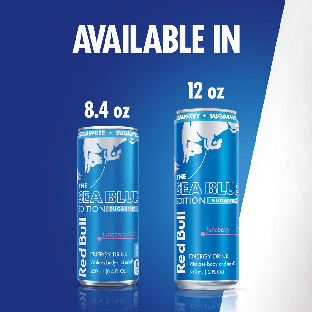 Red Bull Sea Blue Edition 8.4 fl oz can close-up with cool finish.
