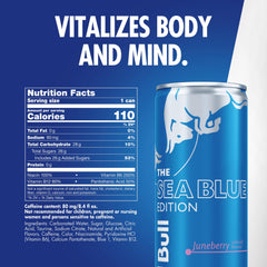Red Bull Sea Blue Edition can close-up with nutrition label for informed choices.