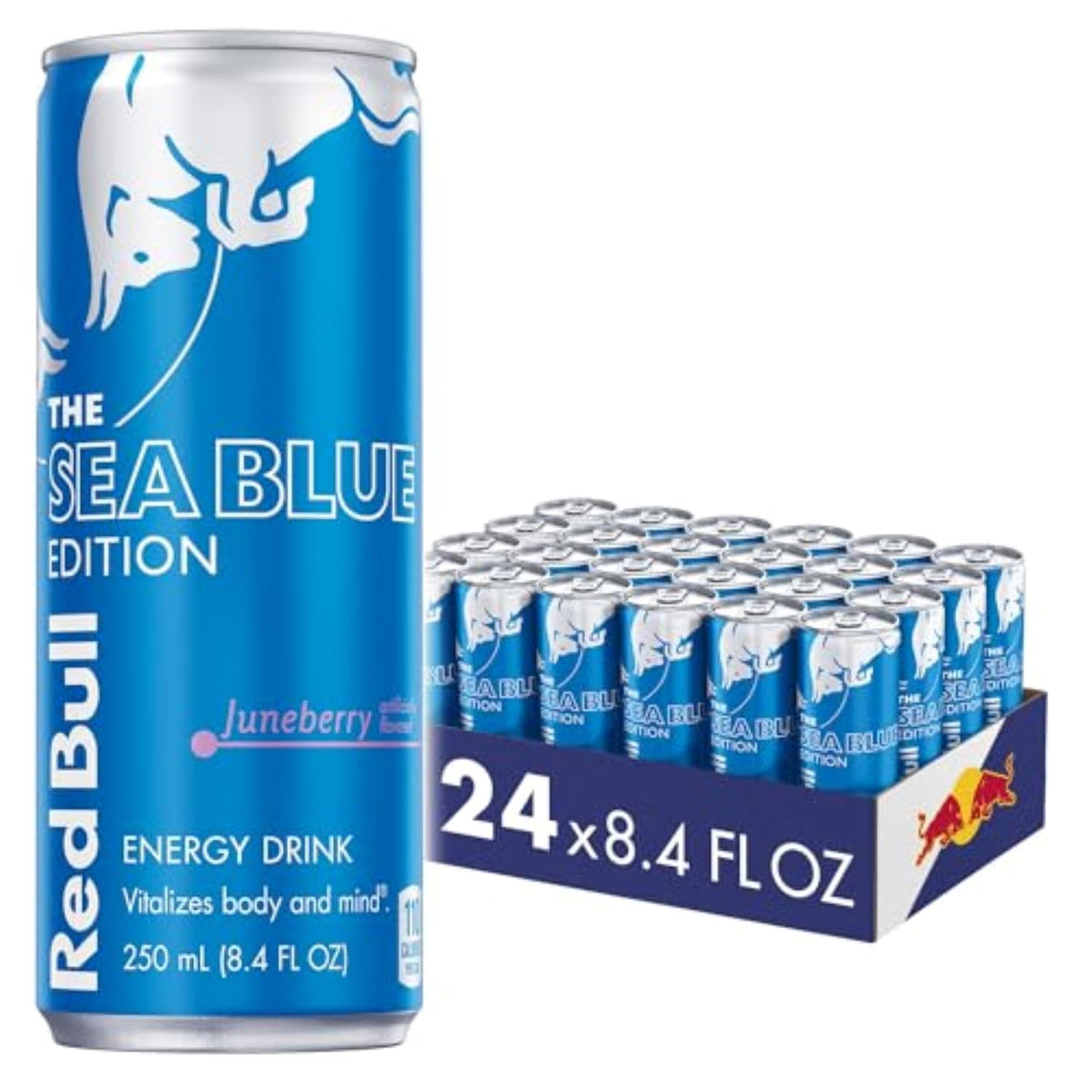 Red Bull Sea Blue Edition can front view showing compact energy boost