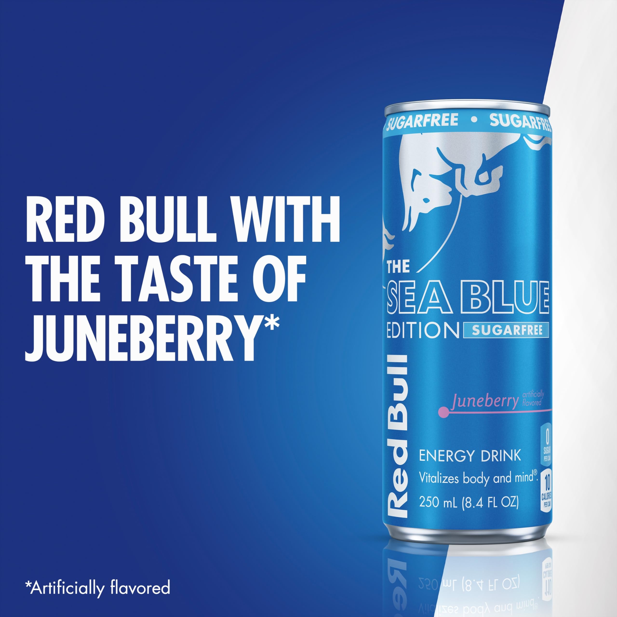 Red Bull Sea Blue Edition Sugar Free Berry cans in recyclable packaging.