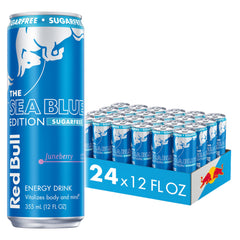 Red Bull Sea Blue Edition Sugar Free can front view for a berry boost during busy days