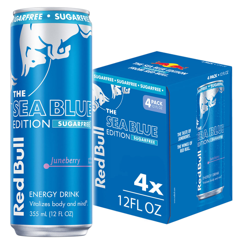 Red Bull Sea Blue Edition Sugar Free Juneberry can front view for a refreshing energy choice.