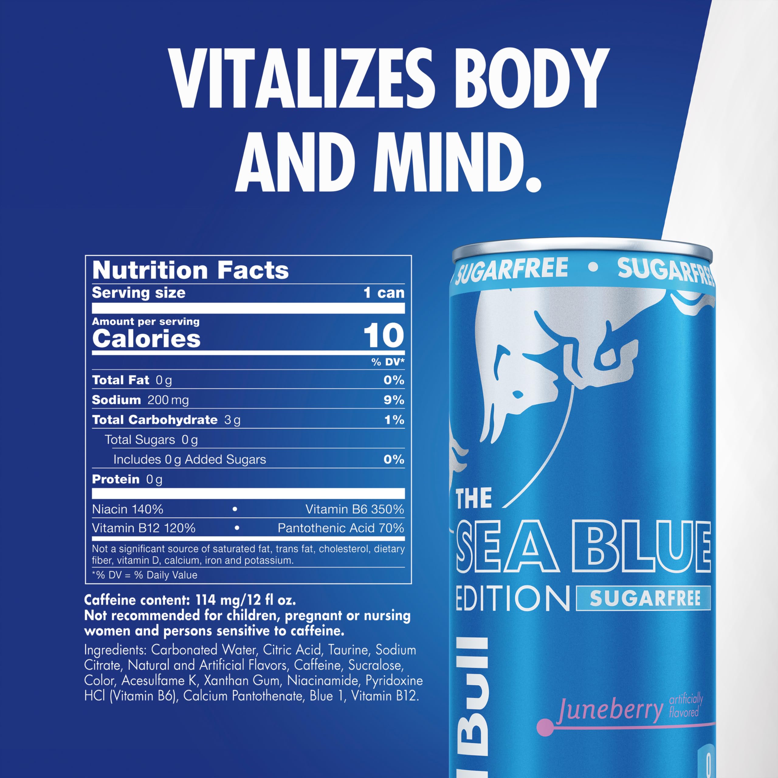 Red Bull Sea Blue Edition Sugar Free Juneberry can side view for on-the-go refreshment.
