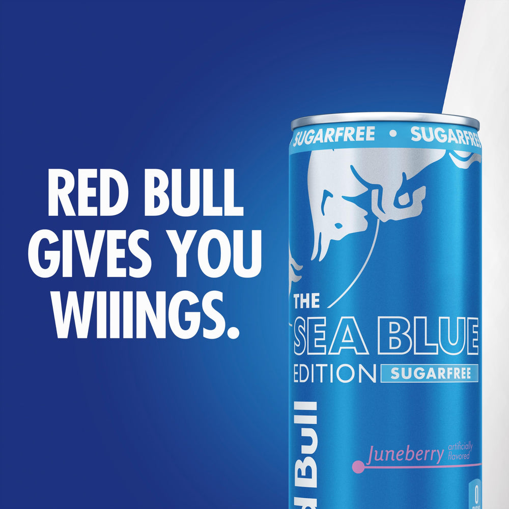 Red Bull Sea Blue Edition Sugar Free Juneberry graphics highlight taurine and B vitamins.