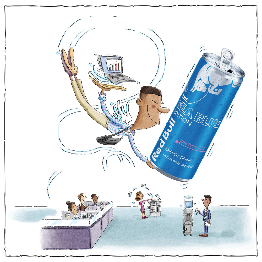 Red Bull Sea Blue Edition taurine label highlights energy ingredients.