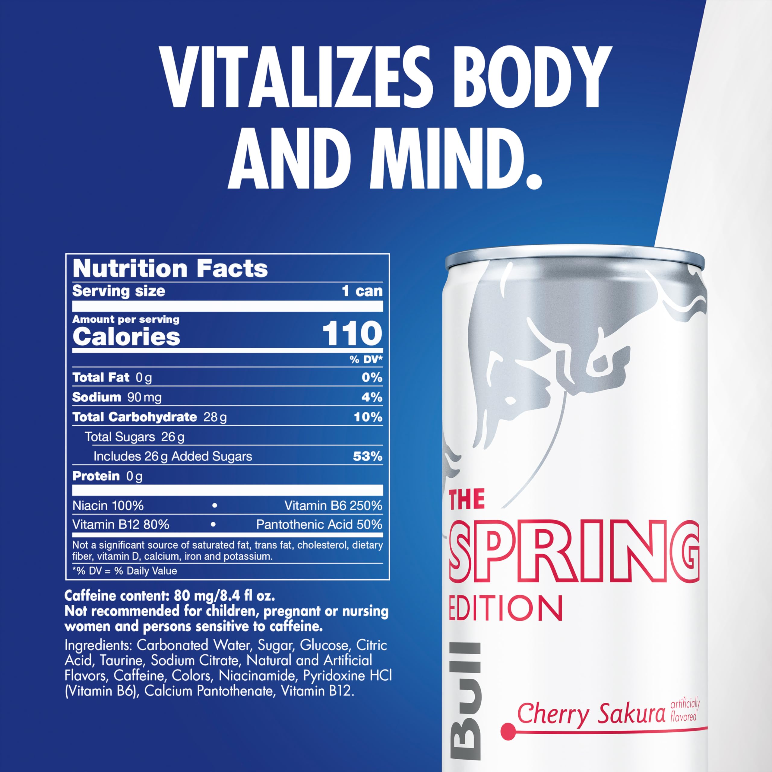 Red Bull Spring Edition Cherry Sakura label closeup highlights caffeine and vitamins.