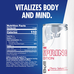 Red Bull Spring Edition Cherry Sakura label closeup highlights caffeine and vitamins.