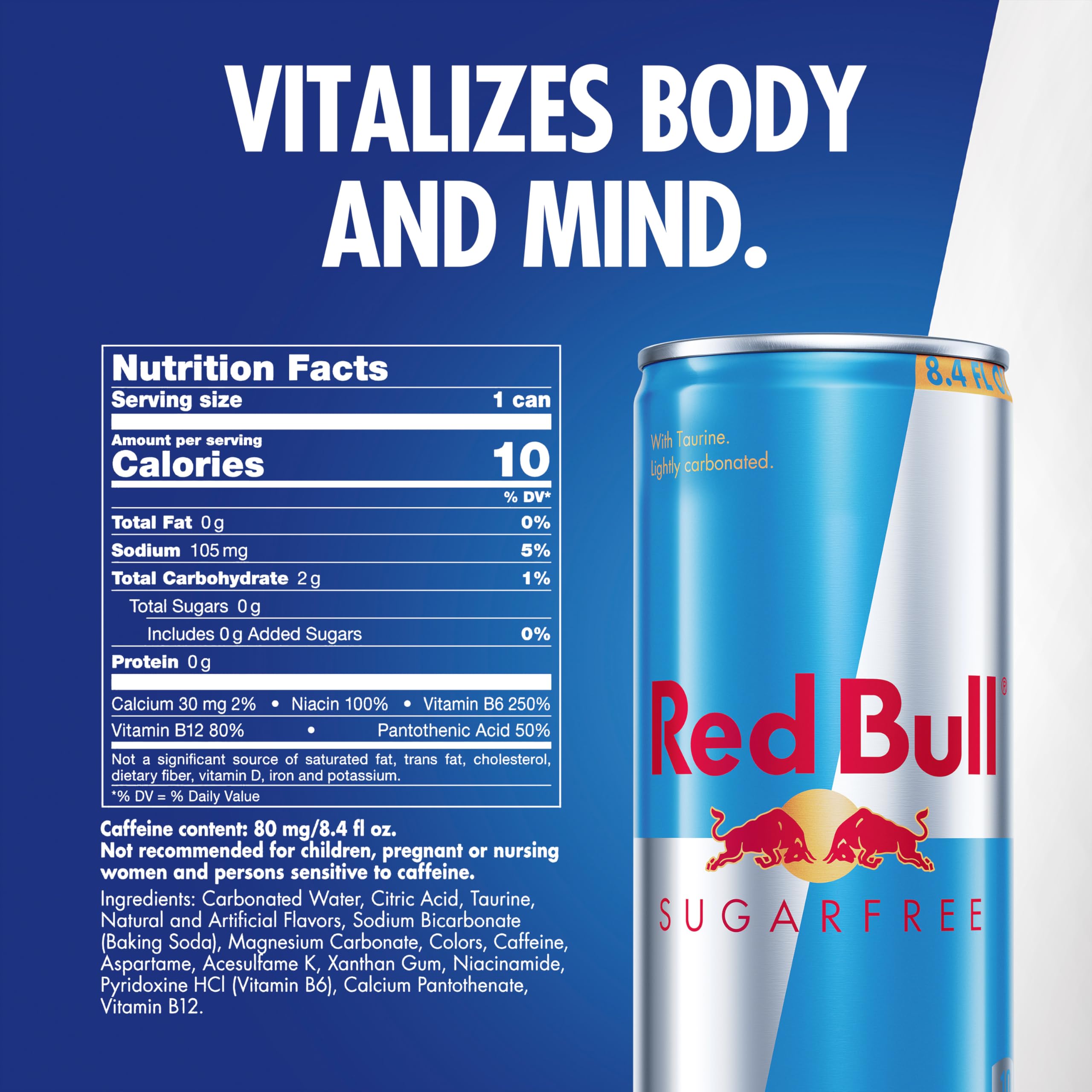 Red Bull Sugar Free can side highlights low calories per serving