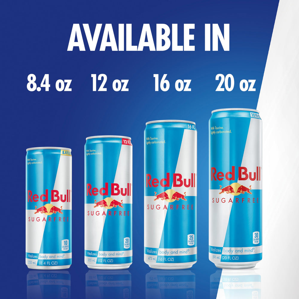 Red Bull Sugar Free cans stacked beside beverages at a party.