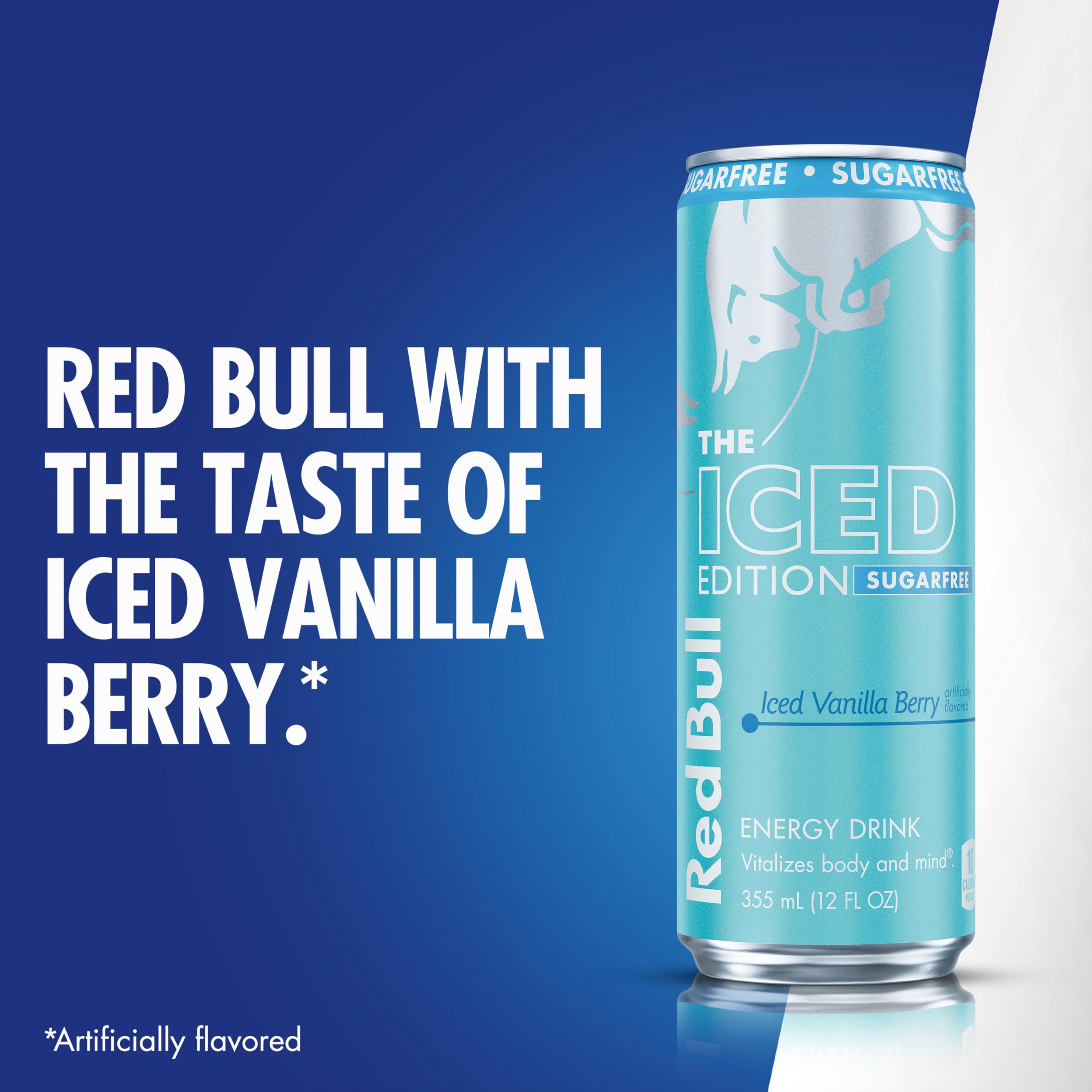 Chilled Red Bull Sugar-Free Iced Vanilla Berry can on a shelf