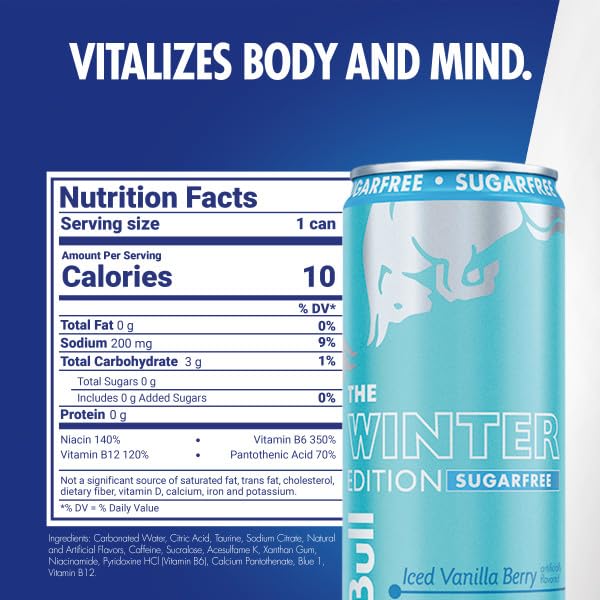 Pouring Red Bull Sugar-Free Iced Vanilla Berry into a glass