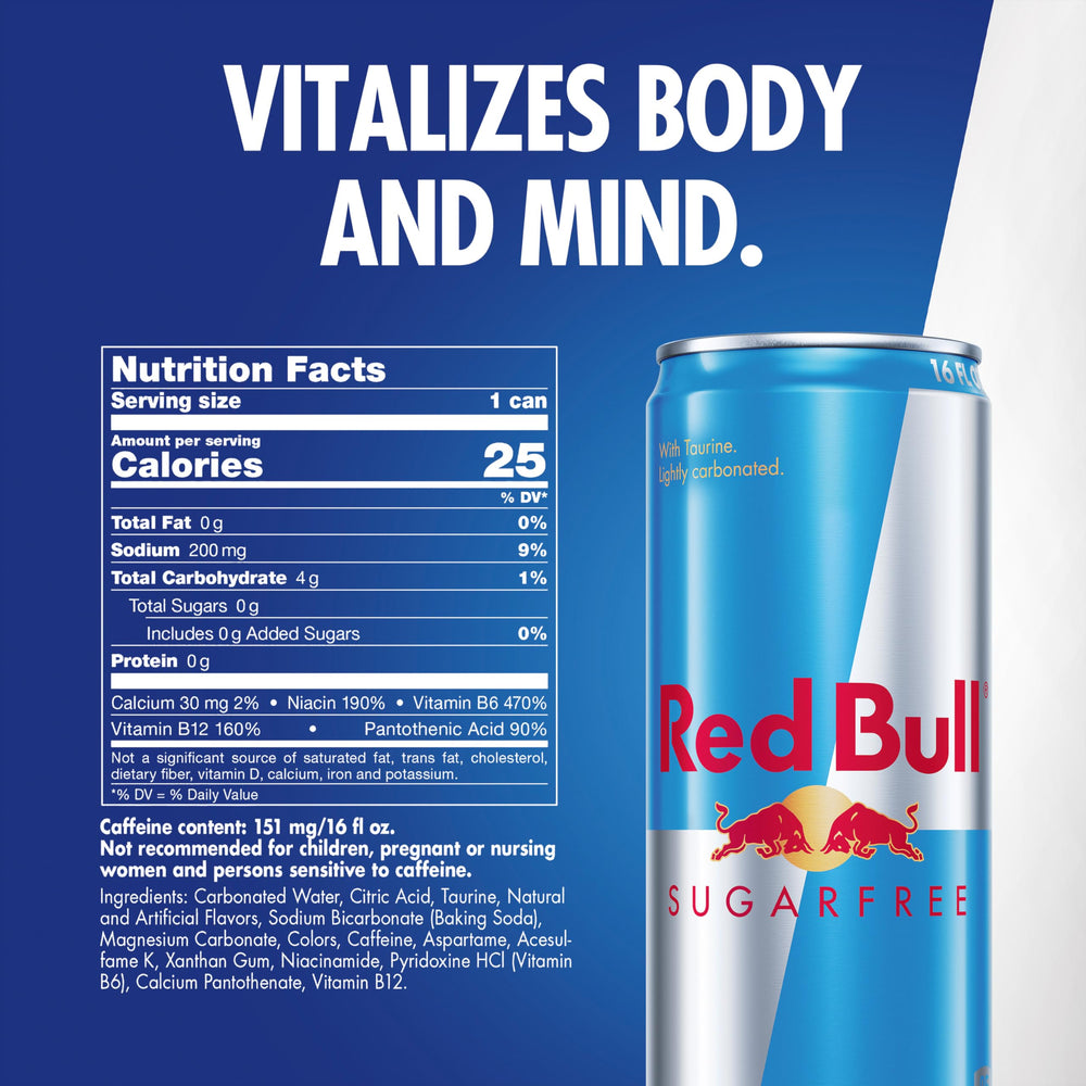Red Bull Sugar Free can side view for portable energy