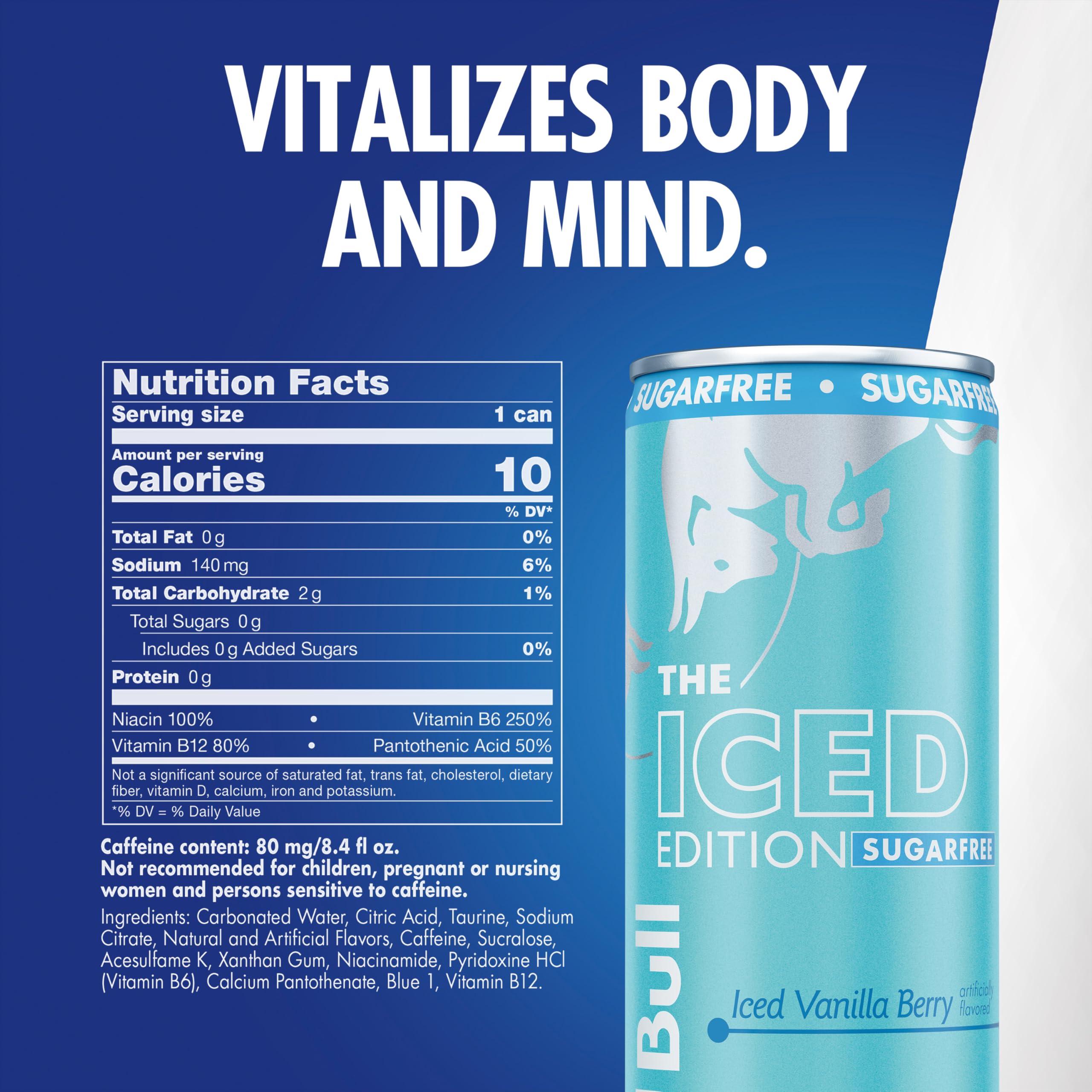 Red Bull Sugar Free Iced Vanilla Berry can on shelf emphasizes sugar-free refreshment