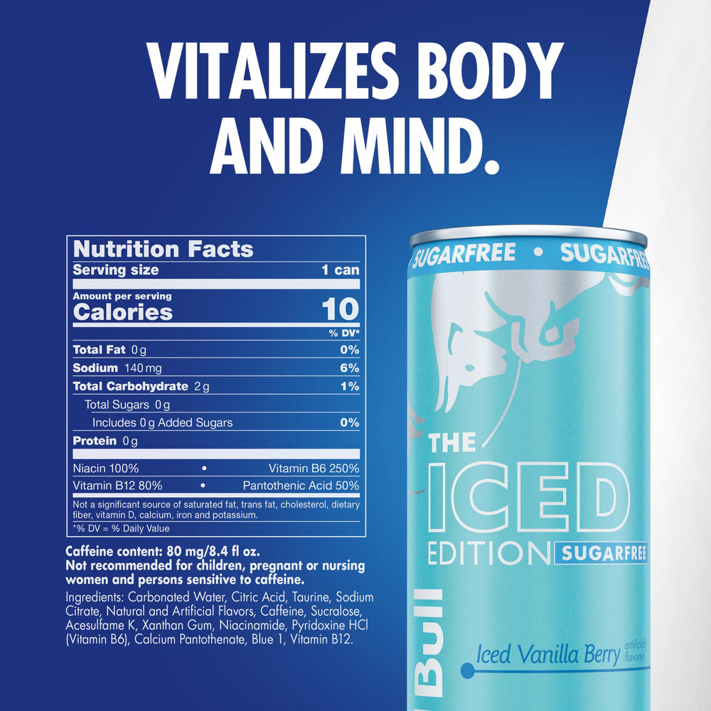 Red Bull Sugar Free Iced Vanilla Berry can on shelf emphasizes sugar-free refreshment