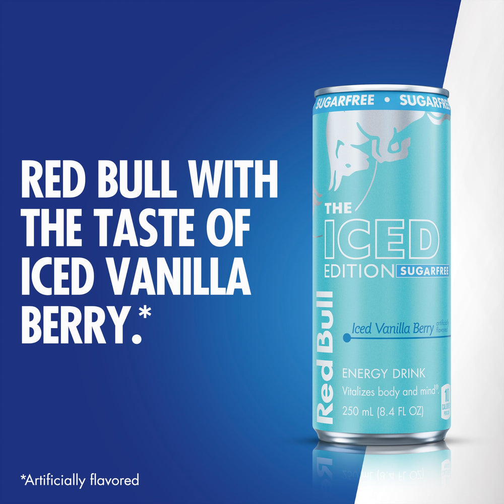 Chilled Red Bull Sugar Free Iced Vanilla Berry can cooling with ice