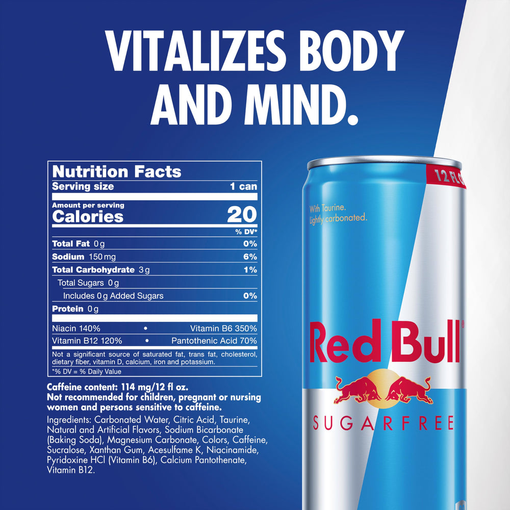 Red Bull Sugarfree label close-up shows caffeine and vitamins for energy support.