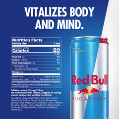 Red Bull Sugarfree label close-up shows caffeine and vitamins for energy support.