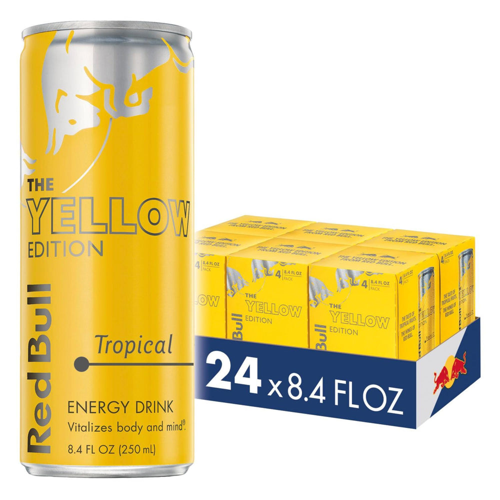Red Bull Tropical Yellow Edition can front view for quick energy boost