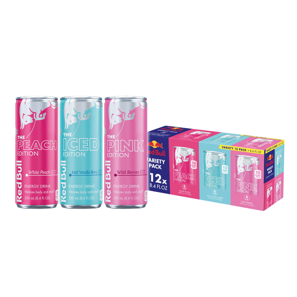Red Bull White Peach flavor can from the variety pack with quick energy for busy days