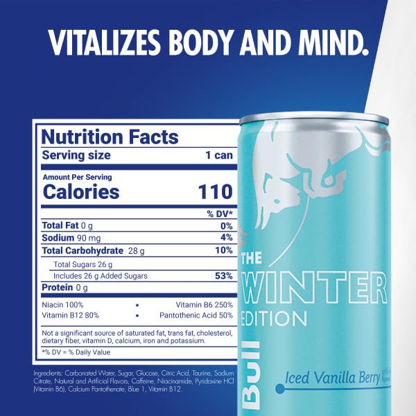 Winter Edition Blueberry Vanilla flavor can, refreshing option for travel breaks.