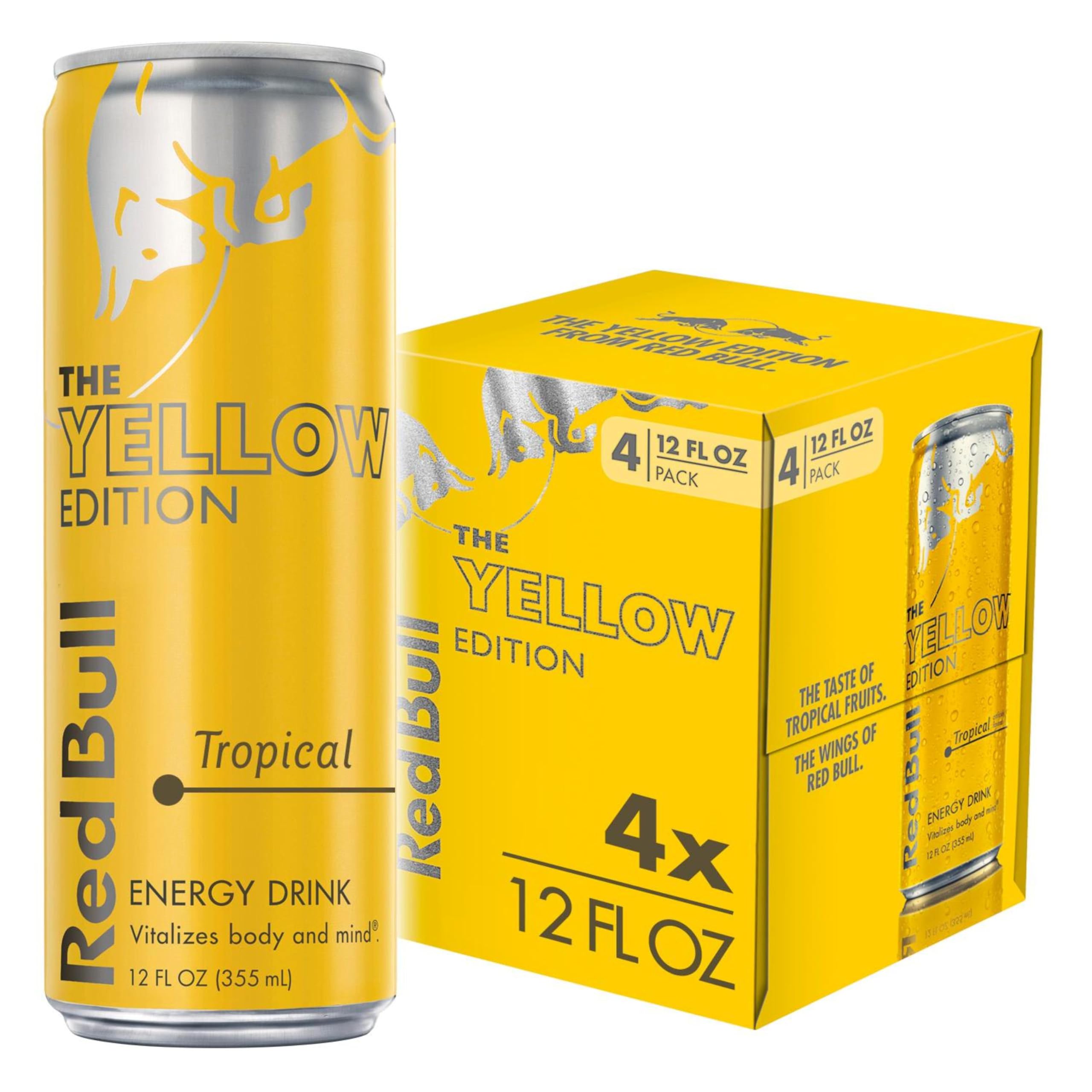 Red Bull Yellow Edition Tropical can front view, ready for an energy boost