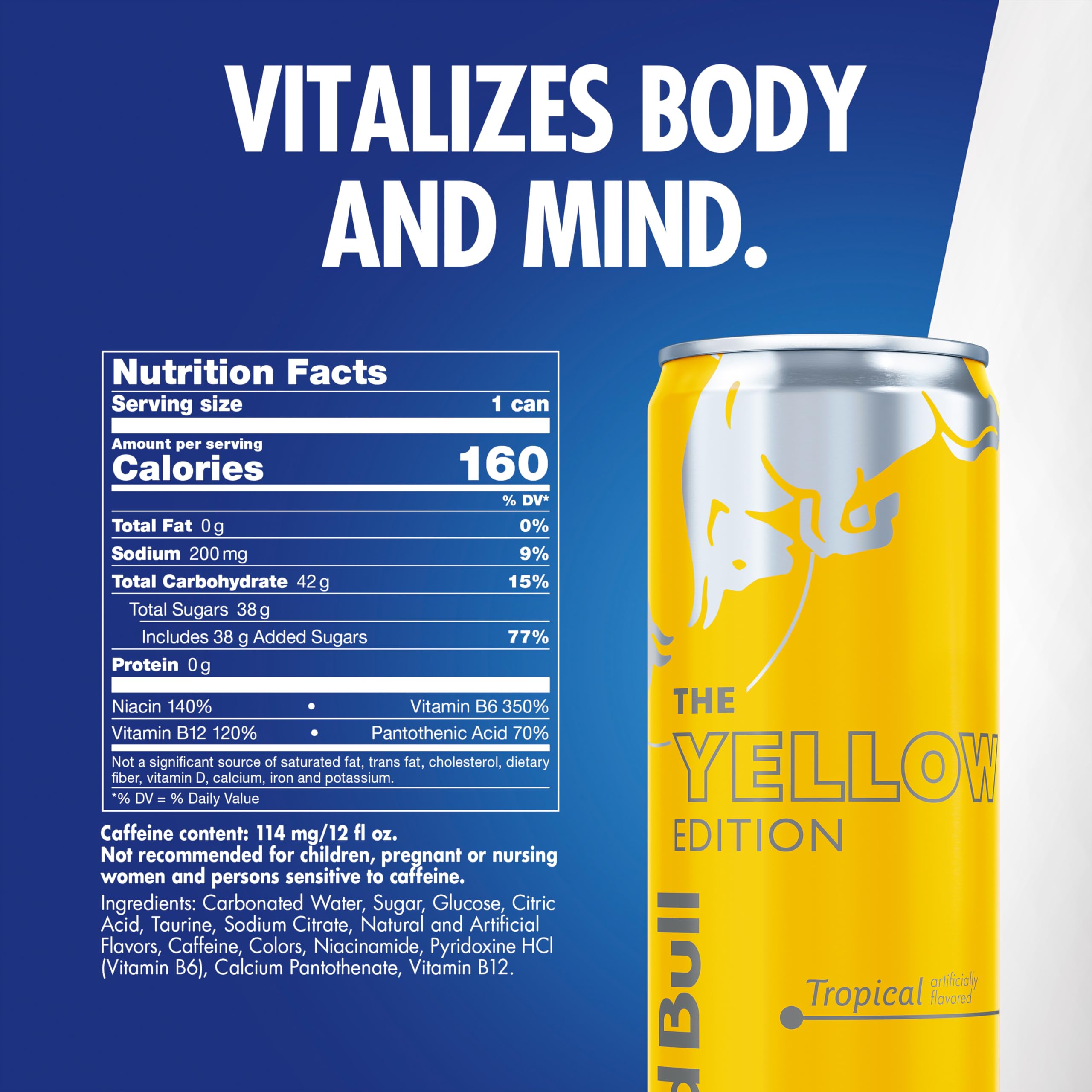 Red Bull Yellow Edition Tropical can side view, compact 12 oz size