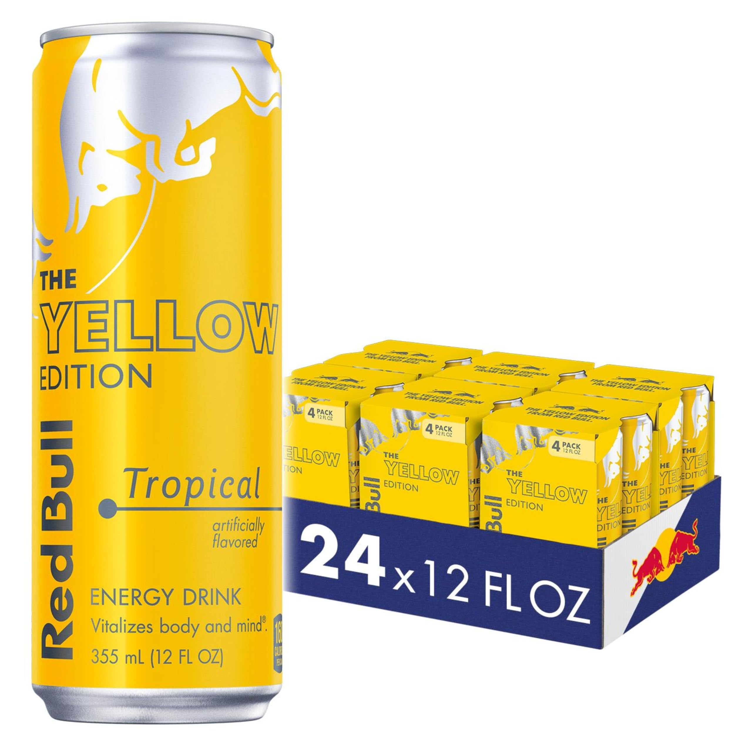 Red Bull Yellow Edition tropical can for quick energy during study or workouts.