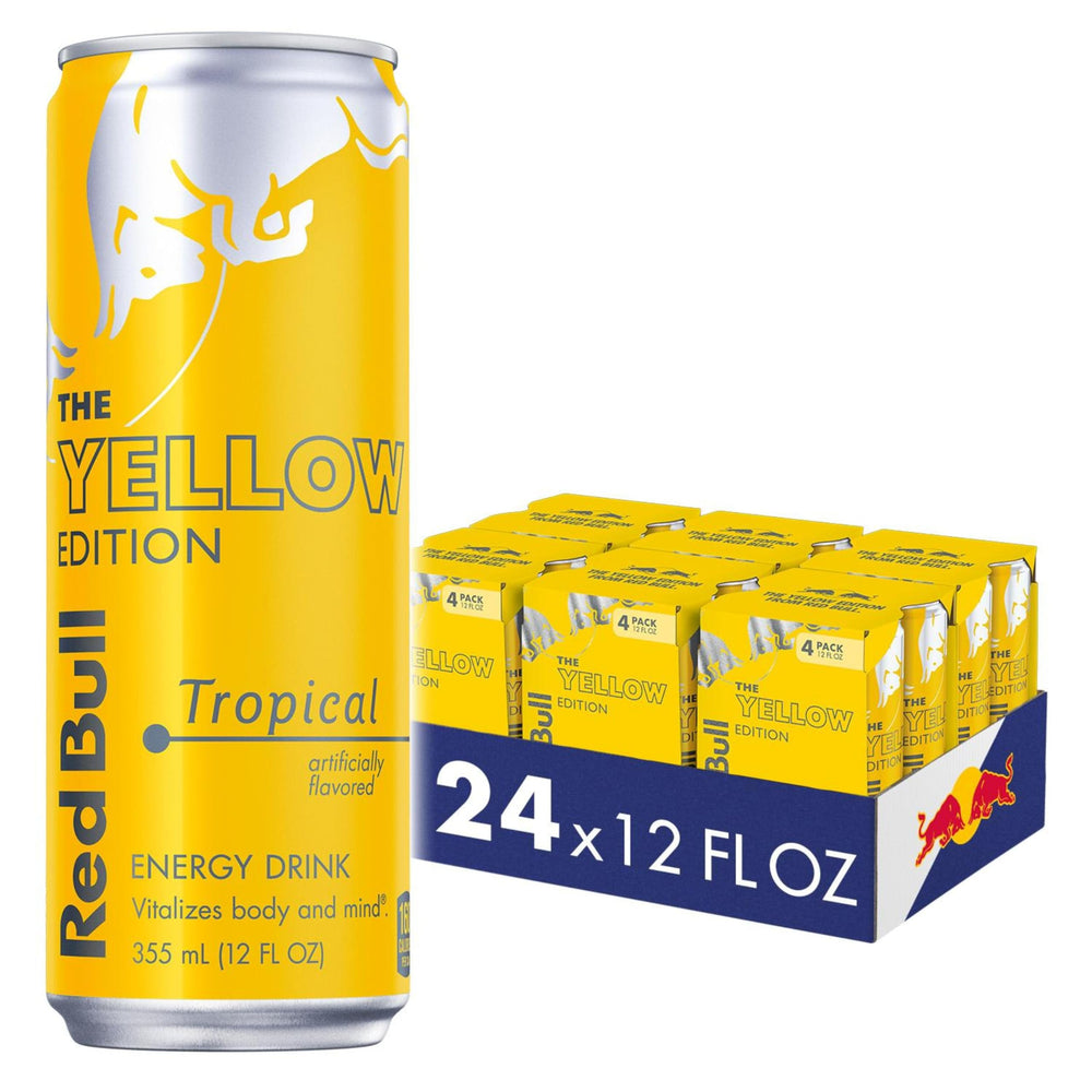Red Bull Yellow Edition tropical can for quick energy during study or workouts.