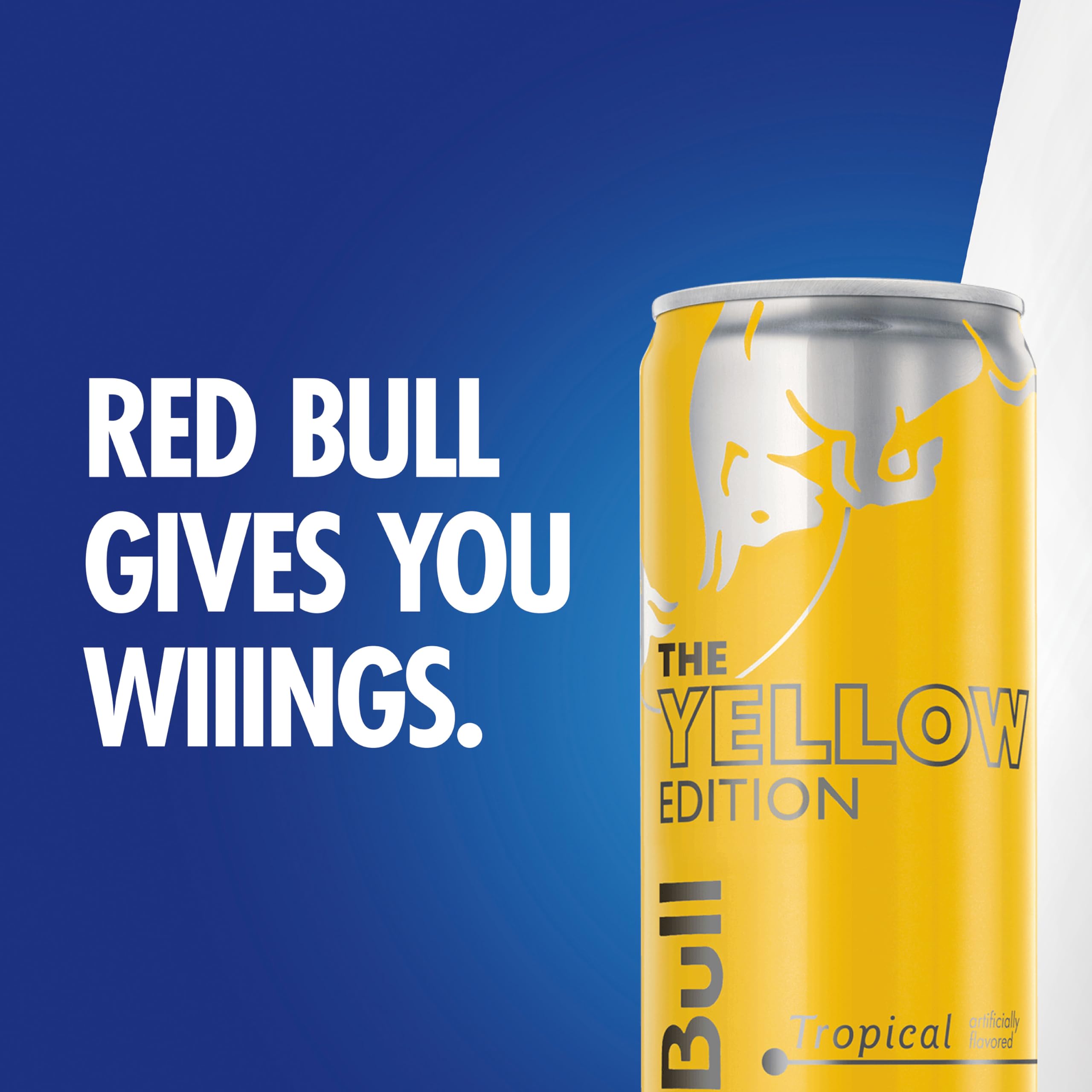 Red Bull Yellow Edition Tropical four-pack on shelf for convenient use