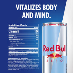 Closeup of Red Bull Zero can highlighting sugar-free energy and caffeine.