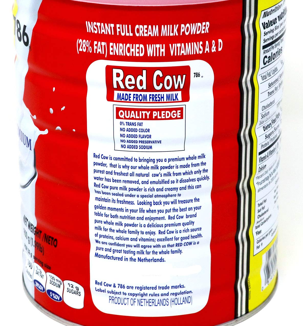 Red Cow milk powder jar highlighting Netherlands origin and high quality.