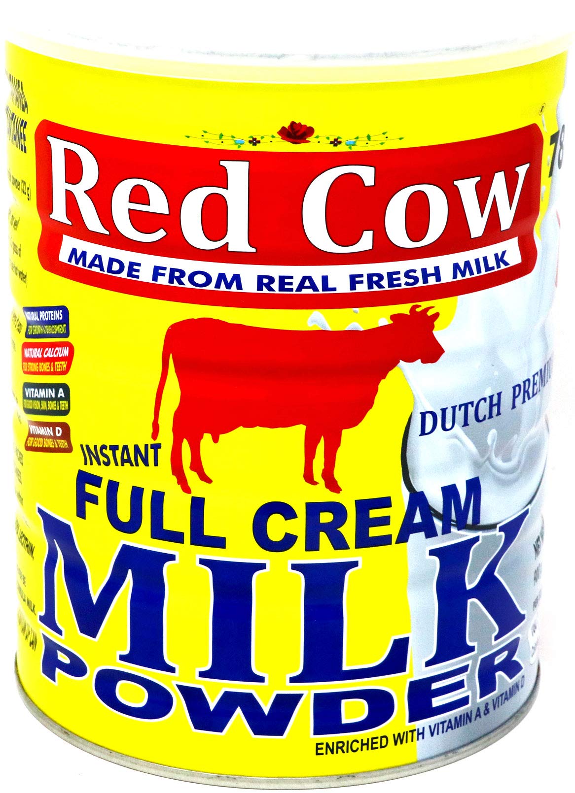 Red Cow full cream milk powder packaging showcases Dutch premium quality for everyday use.