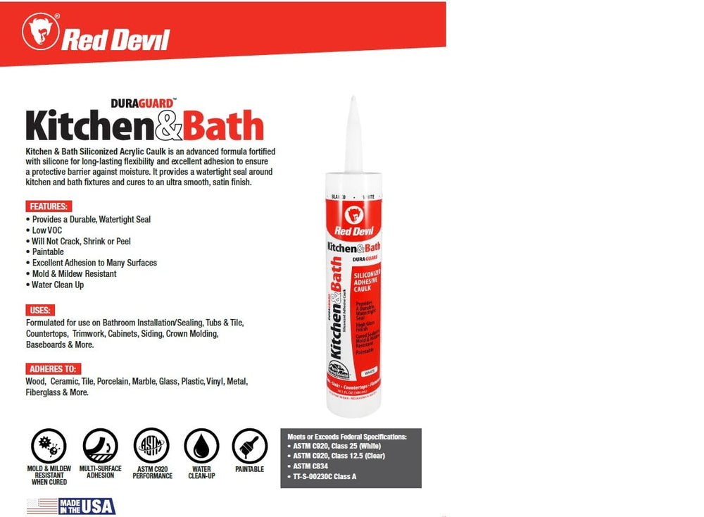 Red Devil silicone caulk close-up shows strong adhesion on tile surfaces