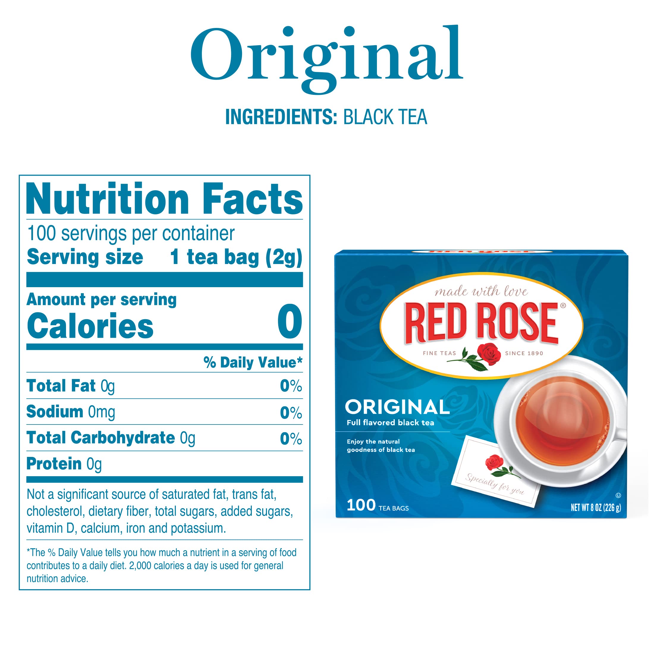 Red Rose tea bags with tags for easy steeping and aroma