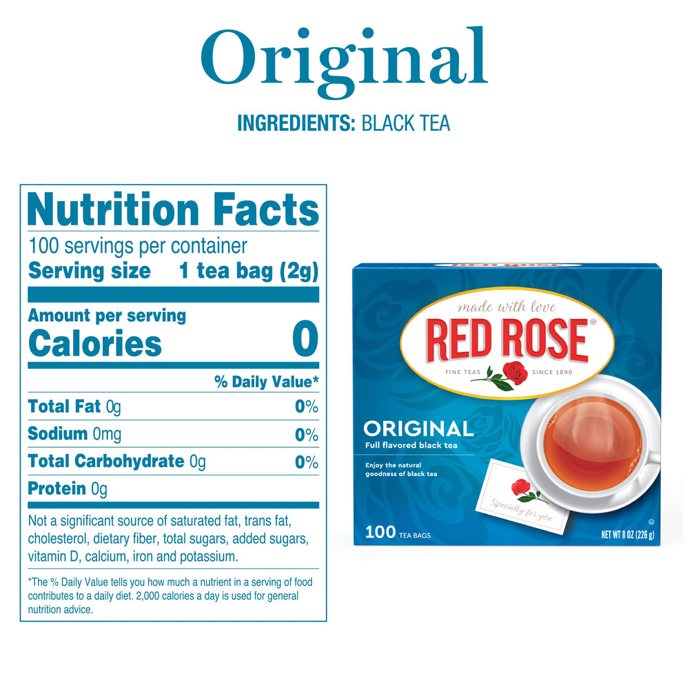 Red Rose tea bags with tags for easy steeping and aroma