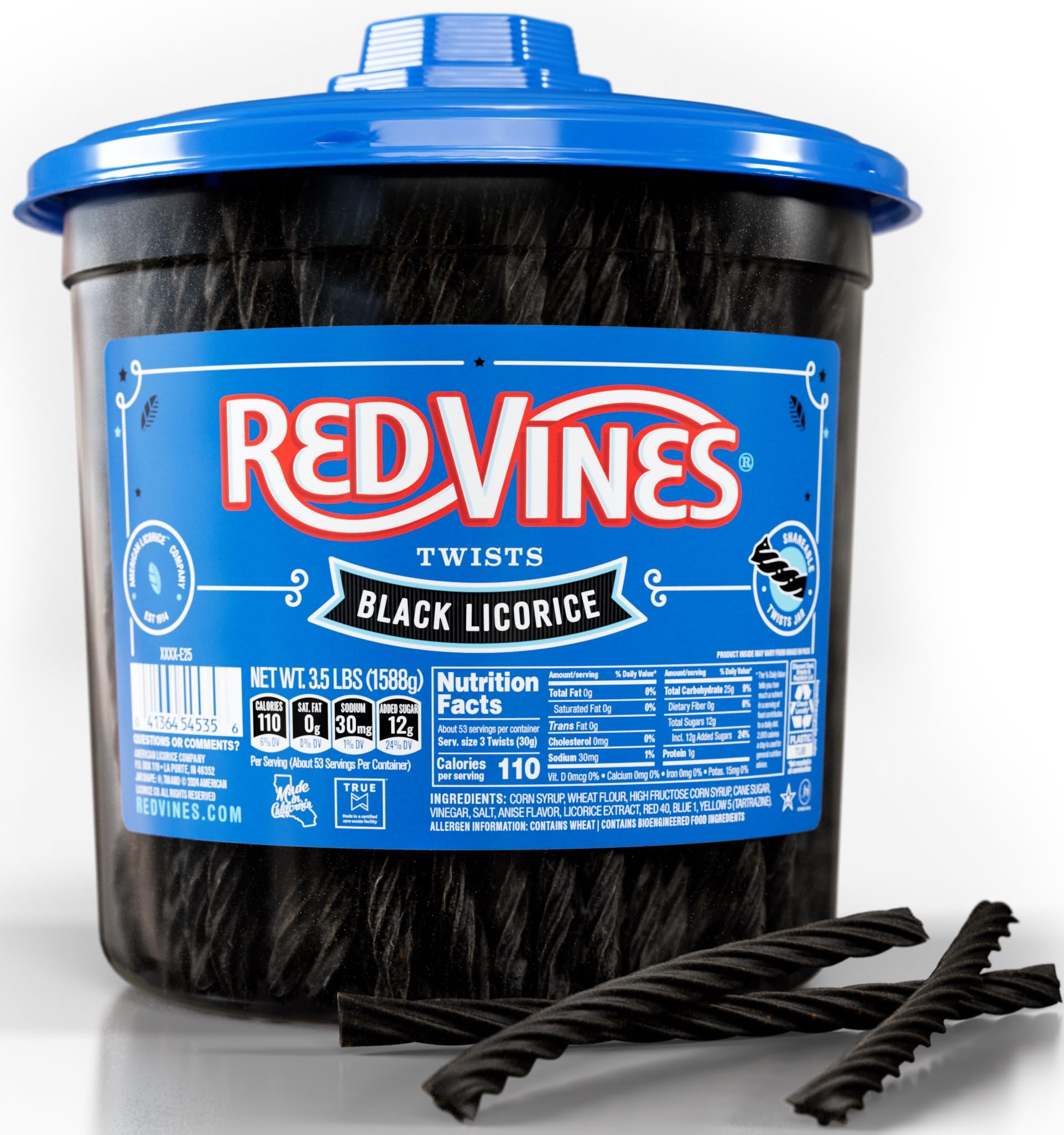 Red Vines black licorice jar - soft, chewy treat for sharing at gatherings.