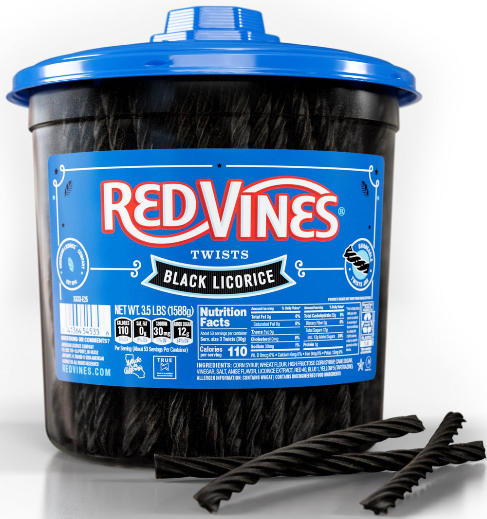 Red Vines black licorice jar - soft, chewy treat for sharing at gatherings.
