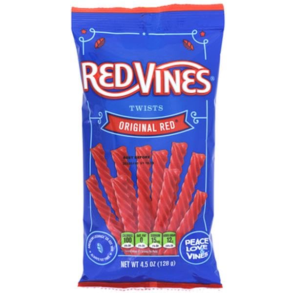 Red Vines Twists Original Red 128g pack shot, ideal for snacking and movie nights.