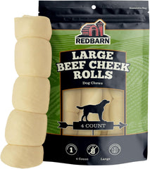Redbarn Beef Cheek Rolls for dogs, uncoated; durable chew for extended play.