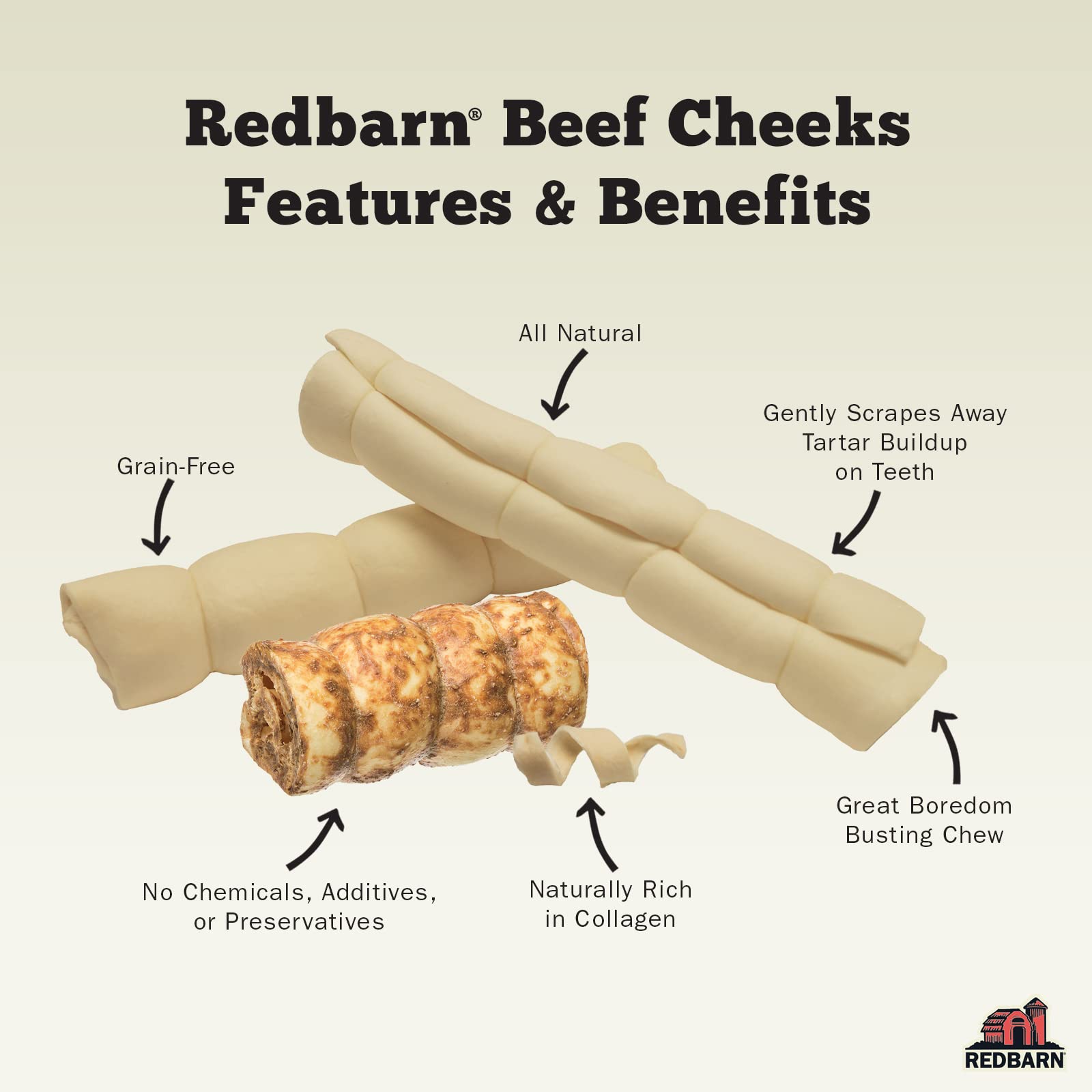 Redbarn beef cheek rolls; odor-free design for cleaner indoor snacking.