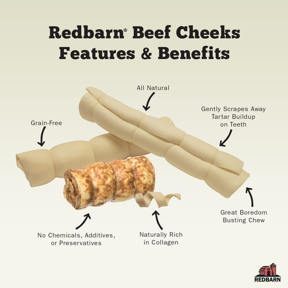 Redbarn beef cheek rolls; odor-free design for cleaner indoor snacking.