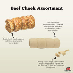 Redbarn puffy texture beef cheek chew; lightweight and mess-free.