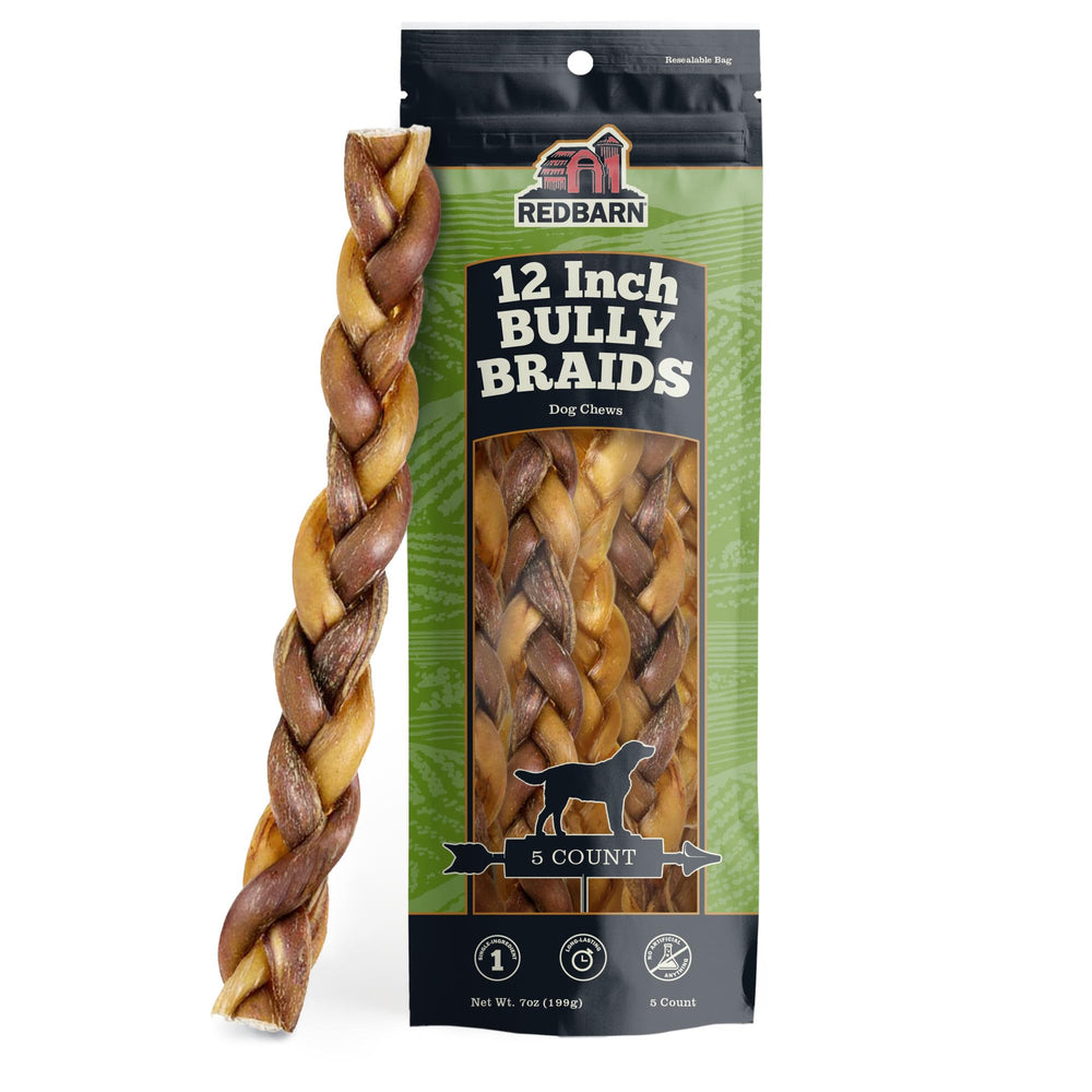 Redbarn braided bully sticks in action, durable chew for dogs.