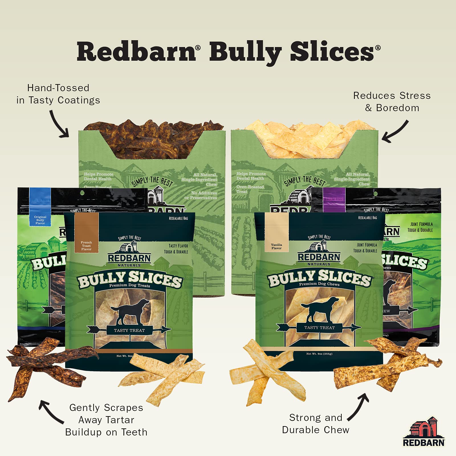 Redbarn Bully Slices cow hide texture close-up, satisfying chewing.