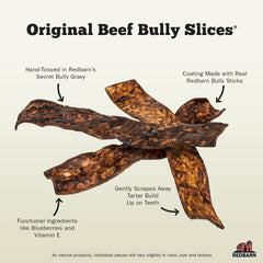 Redbarn Bully Slices gravy-coated surface close-up, savory treat for dogs.