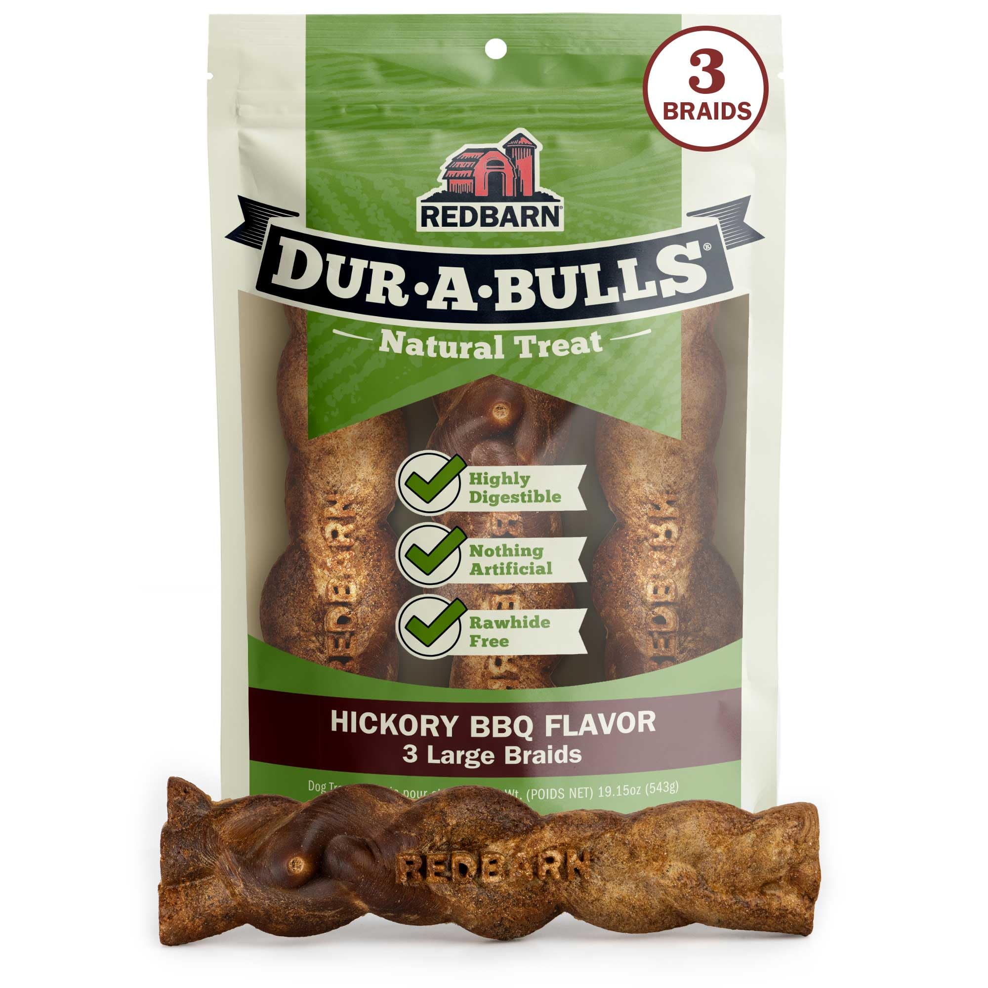 Redbarn Dur-a-Bulls three large braids with hickory flavor for lasting chew time