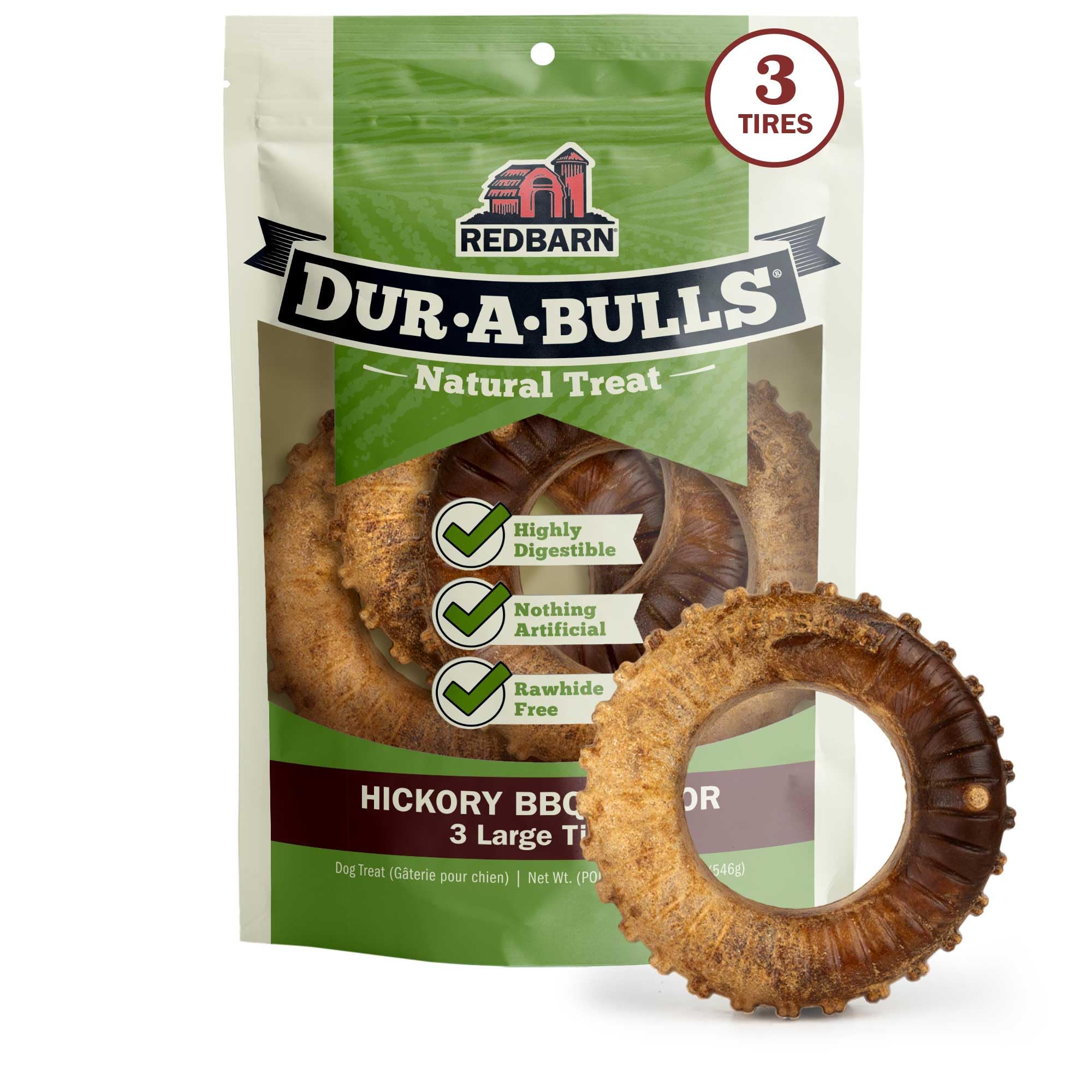 Redbarn Dur-A-Bulls three tires with hickory flavor for durable dog chewing.