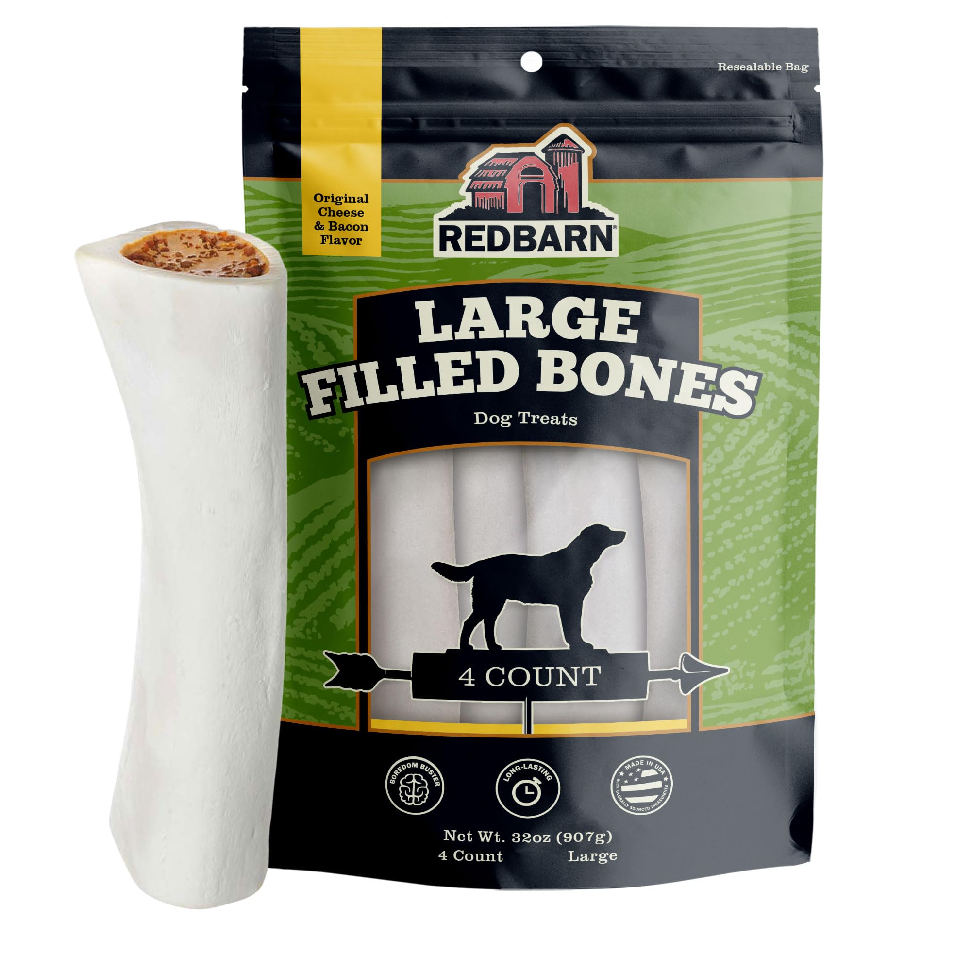 Redbarn filled bone exterior with cheese and bacon offers a long-lasting chew experience.
