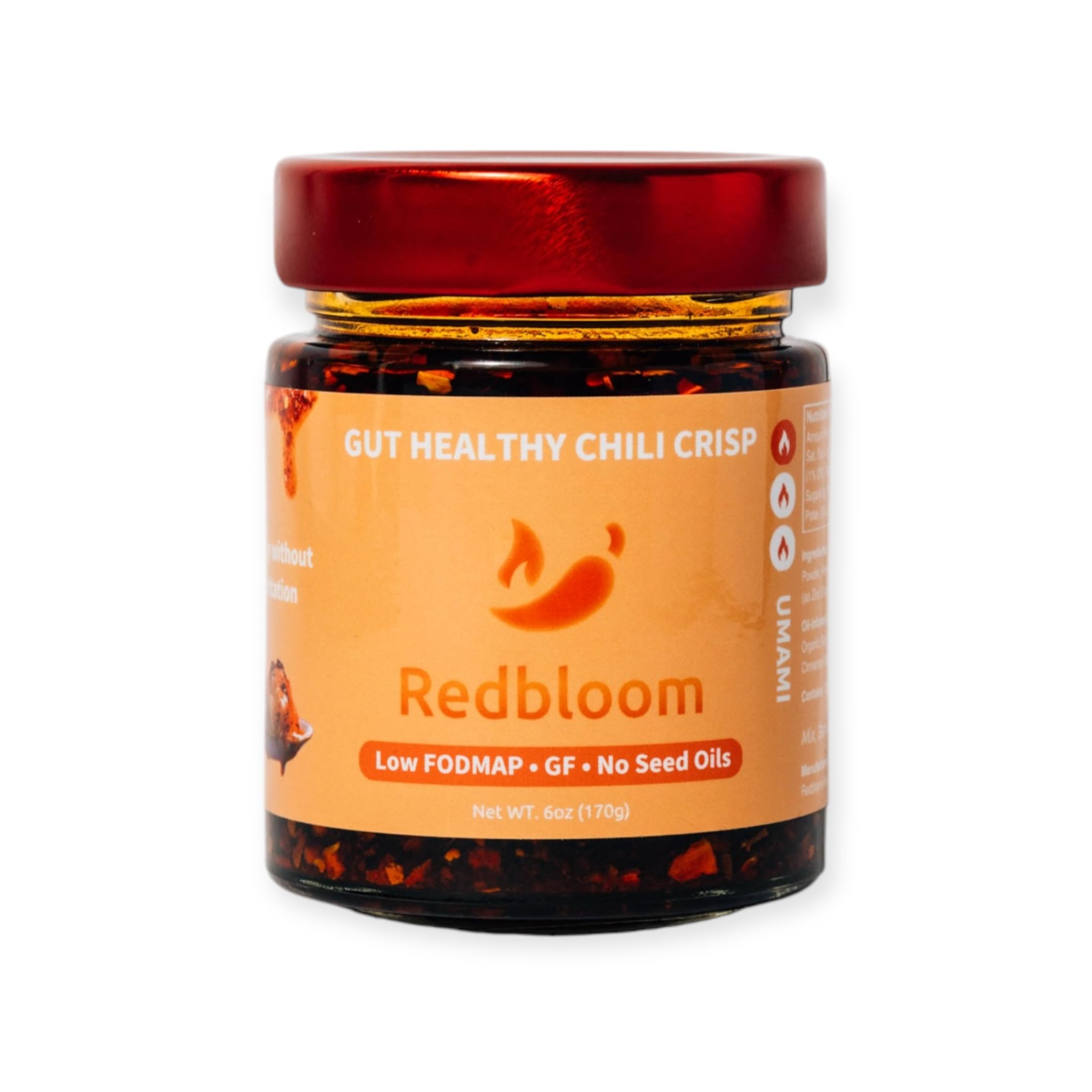 Redbloom Gut-Healthy Chili Crisp bottle highlighting organic oils and premium ingredients to elevate meals